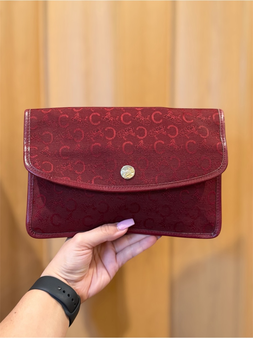 Burgundy Celine Signature Monogram Envelope Clutch / Pouch